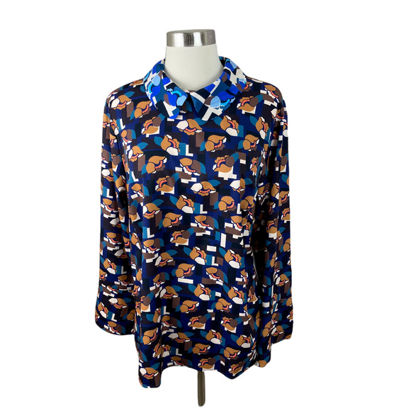 Eloquii NEW 14 Blue Black Geometric Floral Collared Tie Blouse - Picture 1 of 4